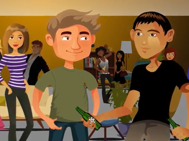 Cartoon van twee jongeren bij een feestje waarbij alcohol aangeboden wordt